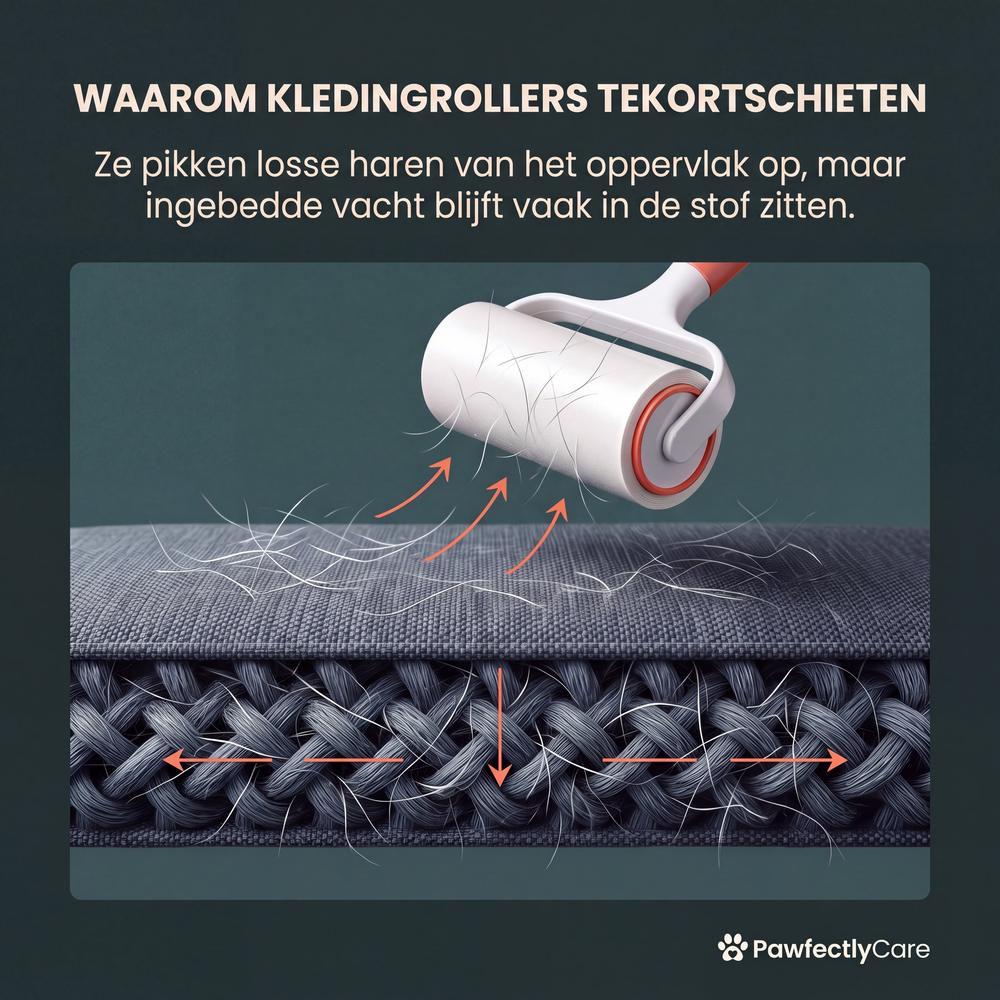 Waarom kledingrollers tekortschieten: ze pakken losse haren van het oppervlak, maar ingebedde vacht blijft in de stof zitten